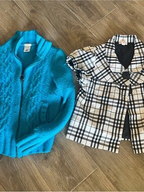 Girls Teal Cable-Knit Zip Sweater Jacket and plaid short sleeve jacket-